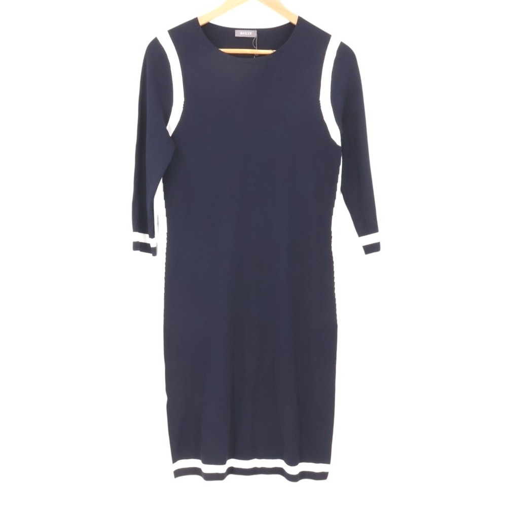 Basler Knit Sweater Dress Womens Size 34 US S Navy Blue Contrast Trim Minimalist